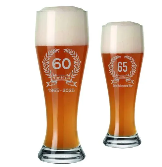 Weizenbierglas mit Jubilums-Gravur mit Wunschzahl und 2 Zeilen Wunschtext