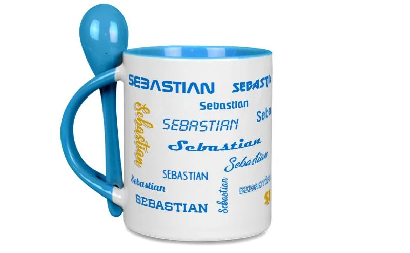 Hellblaue Lffeltasse mit Wunschtext oder Namen bedrucken
