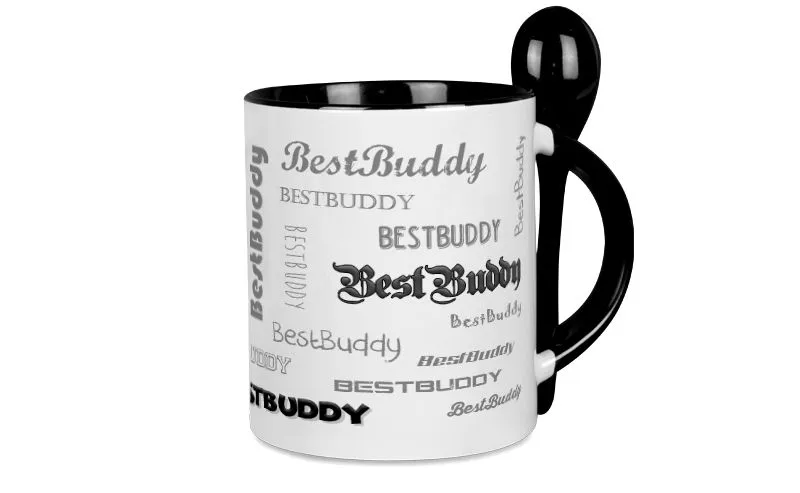 Schwarze Lffeltasse mit Wunschtext oder Namen bedruckt