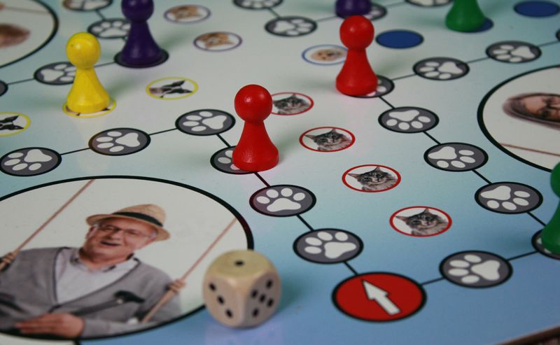 Spielbrett mit farbigen Spielfiguren und Würfel zum selber gestalten