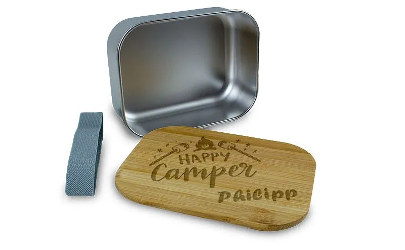 Lunchbox mit Bambusdeckel und Gummiband - mit Gravur