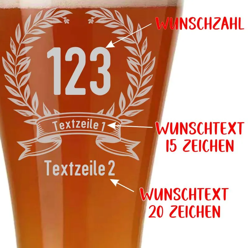 Klassisches Weizenbierglas Bayern mit Jubilums-Gravur. Wunschzahl & 2 Zeilen Text