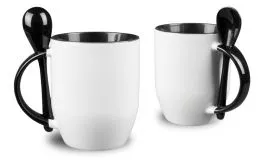 Schwarze Fototasse mit Lffel mt Fotodruck