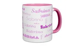 Rosa Tasse mit Ihren Namen in verschiedenen Schriften