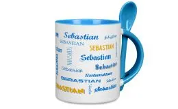 Hellblaue Lffeltasse mit Wunschtext oder Namen bedrucken