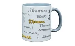 Hellgrauer Kaffee-Becher mit Deinem Namen bedruckt