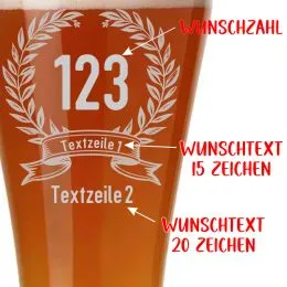 Weizenbierglas mit Jubilums-Gravur mit Wunschzahl und 2 Zeilen Wunschtext